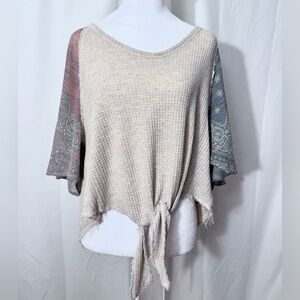 Blu Pepper Color Block Waffle Knit Top With Bandana Print Bell Sleeves Size Lg